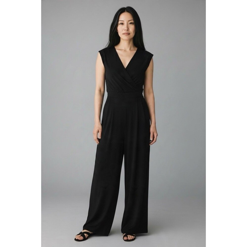 Halara NWT womens black v-neck short slit sleeve super wide leg jumpsuit Medium
